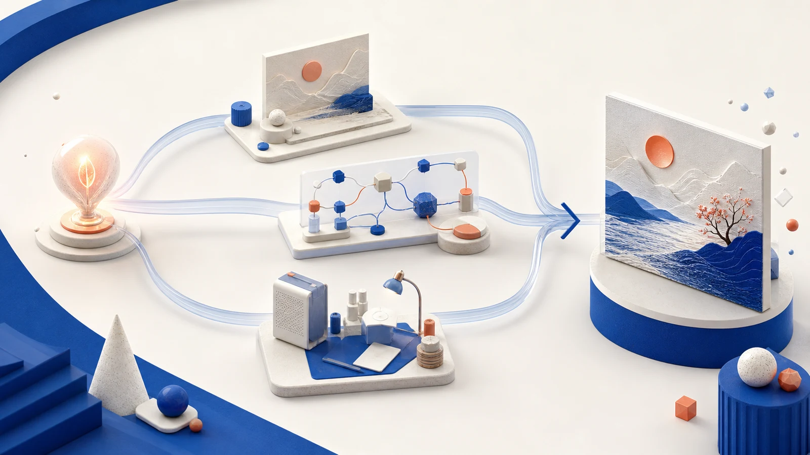 An editorial illustration of one idea moving through web generation, a node workflow, and a local workspace into a finished image