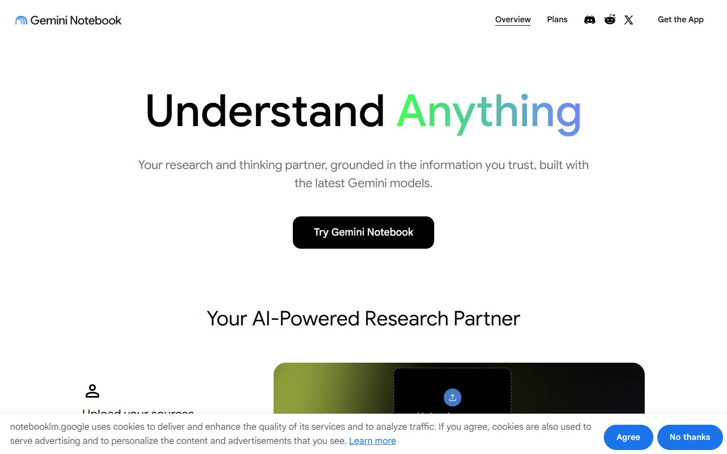 Gemini Notebook official homepage showing the Understand Anything hero