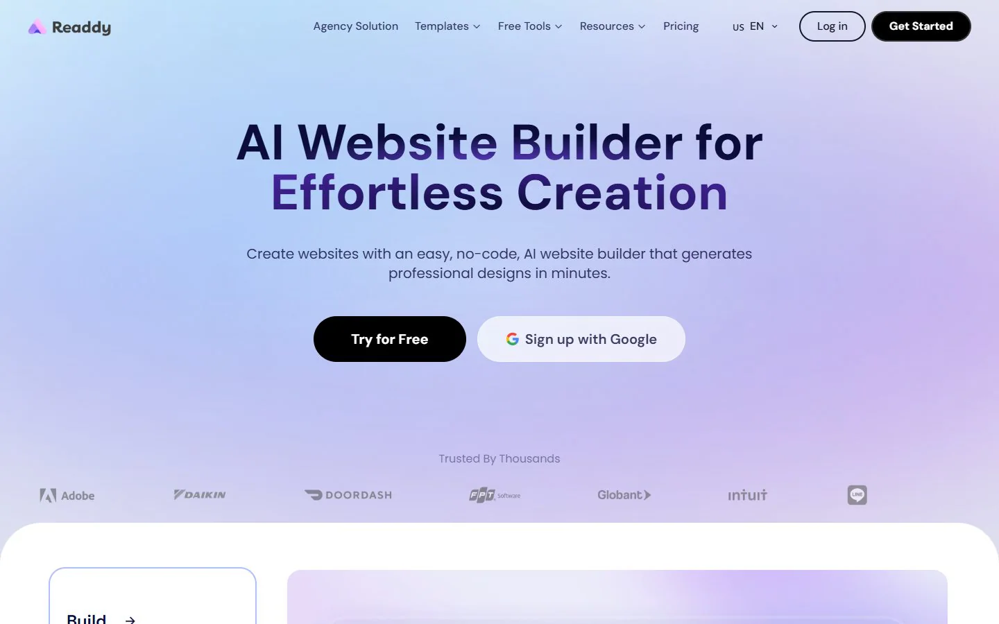 Readdy homepage showing its AI Website Builder hero and free trial entry points