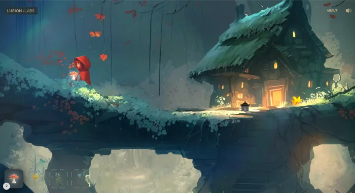 A side-view forest scene with Little Red Riding Hood exploring near a cottage