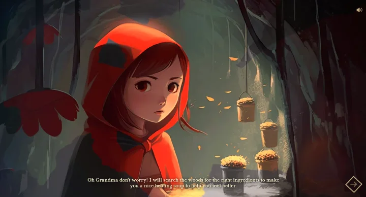 Little Red Riding Hood searching the forest for ingredients during a challenge
