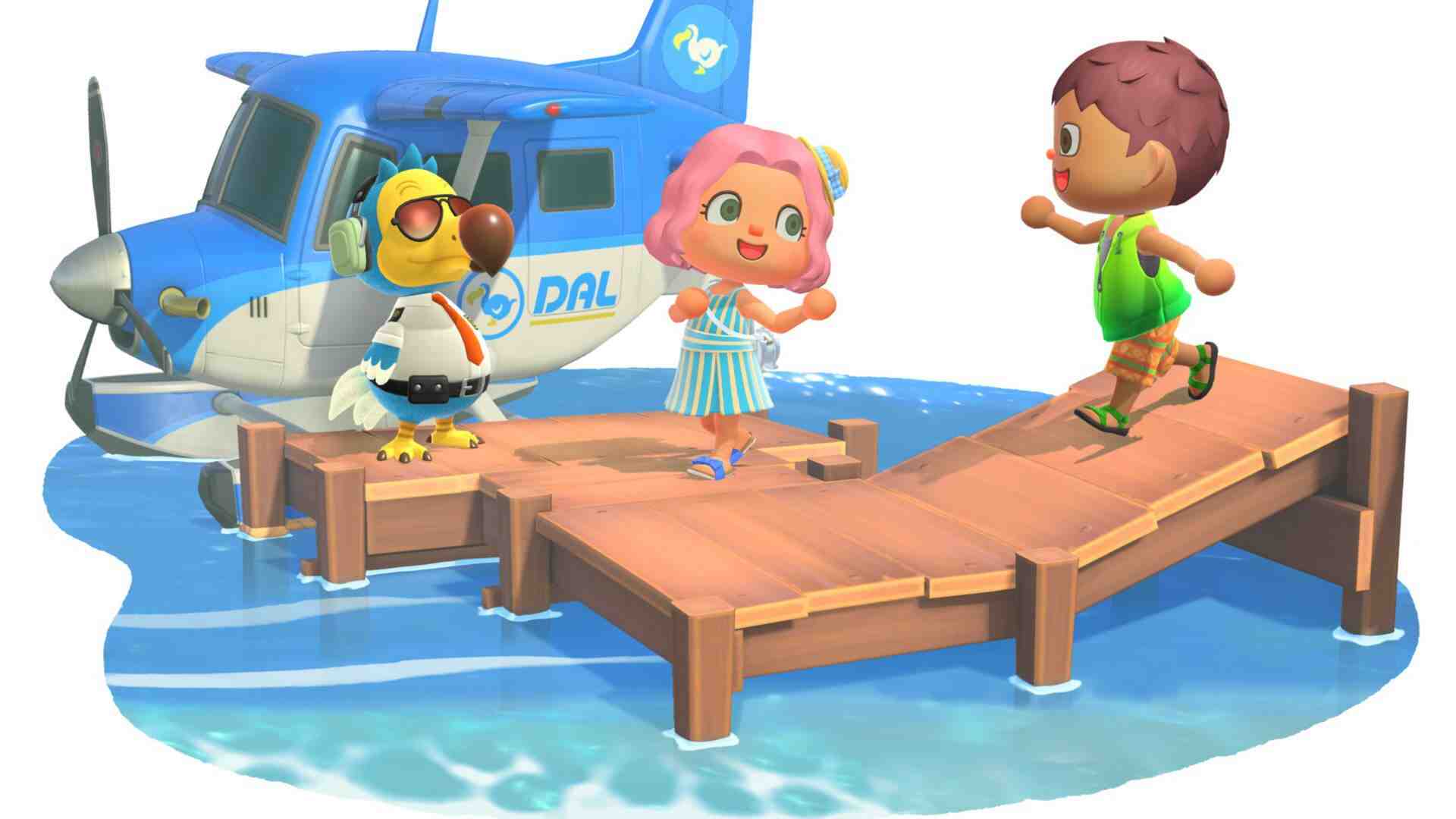 HD wallpaper featuring characters from Animal Crossing: New Horizons on a dock with a Dodo Airlines plane.