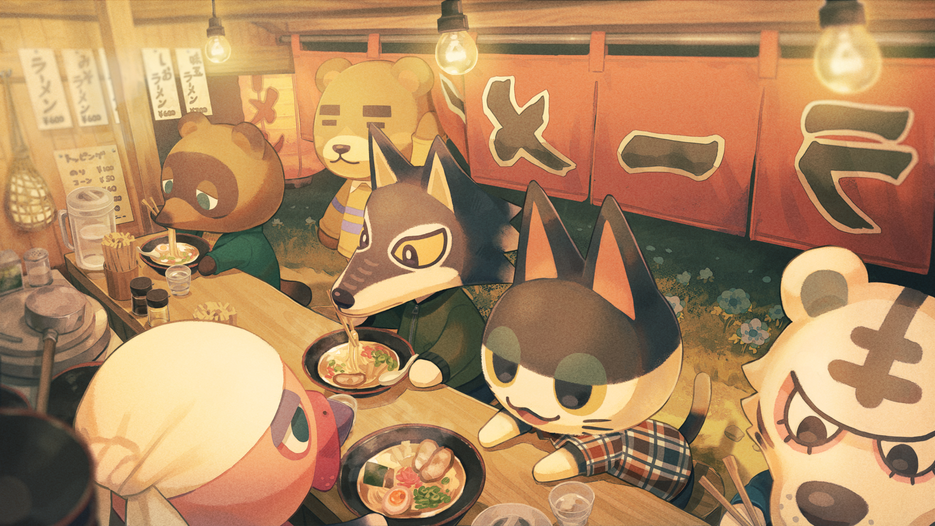 HD PC desktop wallpaper featuring Animal Crossing characters Tom Nook, Teddy, Rolf, Lobo, and Punchy enjoying a cozy ramen shop scene from the video game Animal Crossing.