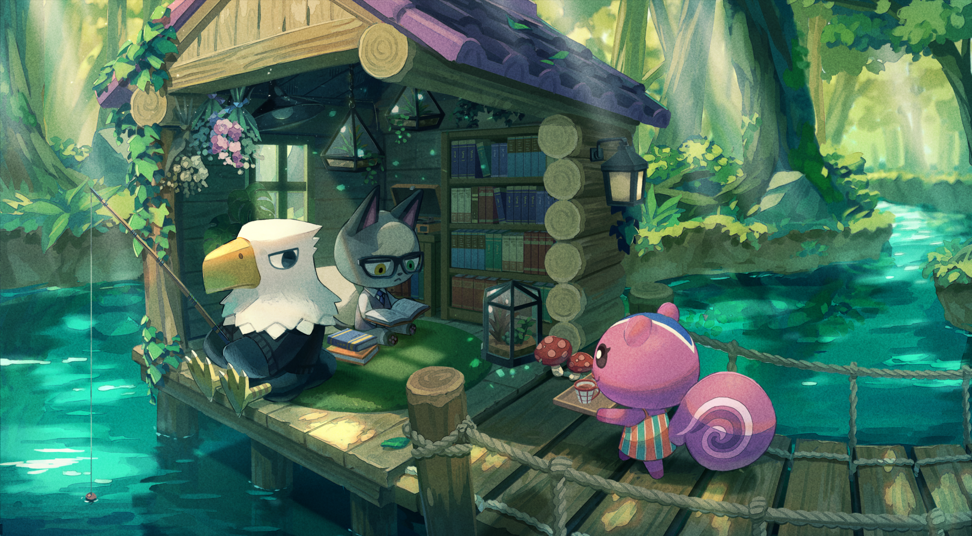 HD PC desktop wallpaper featuring Animal Crossing characters Peanut, Jack, and Apollo gathered around a cozy wooden cabin by a serene forest pond.