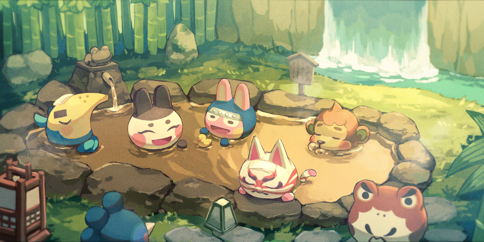 HD PC desktop wallpaper featuring Animal Crossing characters Croque, Snake, Flip, Ken, Kabuki, Genji, and Cyrano relaxing in a hot spring in a serene forest setting.